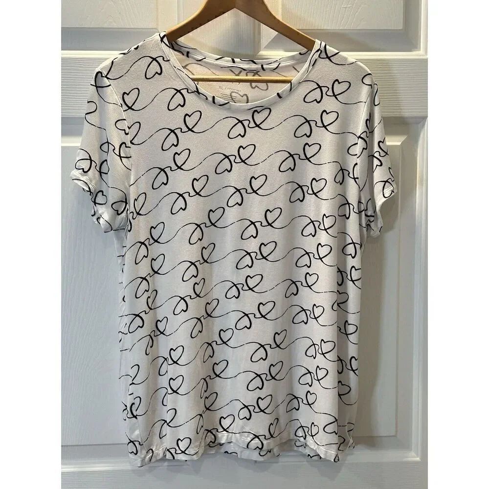 Apt 9 Womens XL White & Black Hearts Crew Neck Tshirt Tee Rayon Stretch